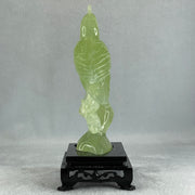 Natural Green Serpentine Javan Mynah Birds on Tree with Wooden Stand Display 375.6g 112.0 by 188.0 by 66.0mm - Huangs Jadeite and Jewelry Pte Ltd