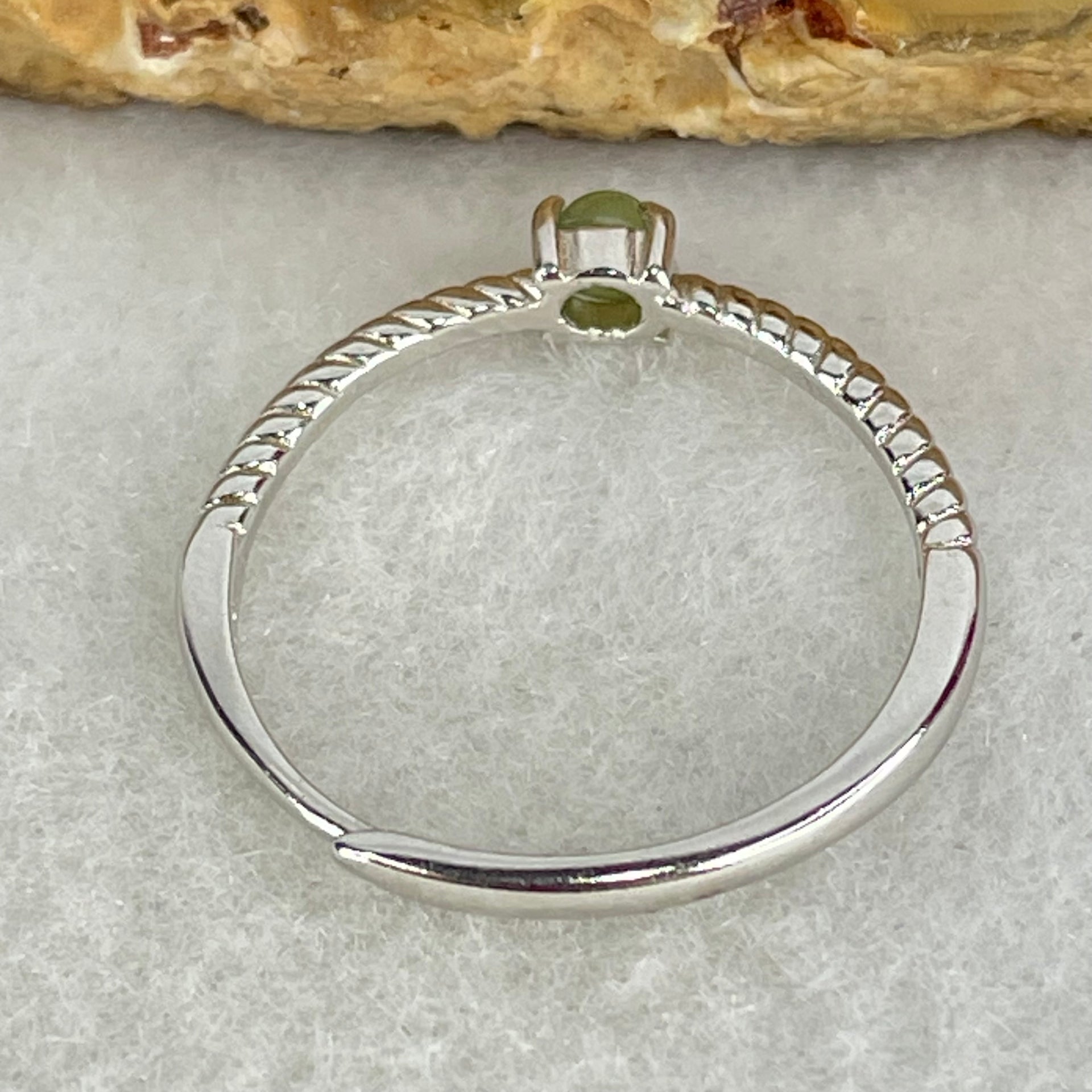 Type A Semi Icy Green Cabochon Jadeite in S925 Sliver Ring (Adjustable Size) 0.98g 3.5 by 1.8mm - Huangs Jadeite and Jewelry Pte Ltd