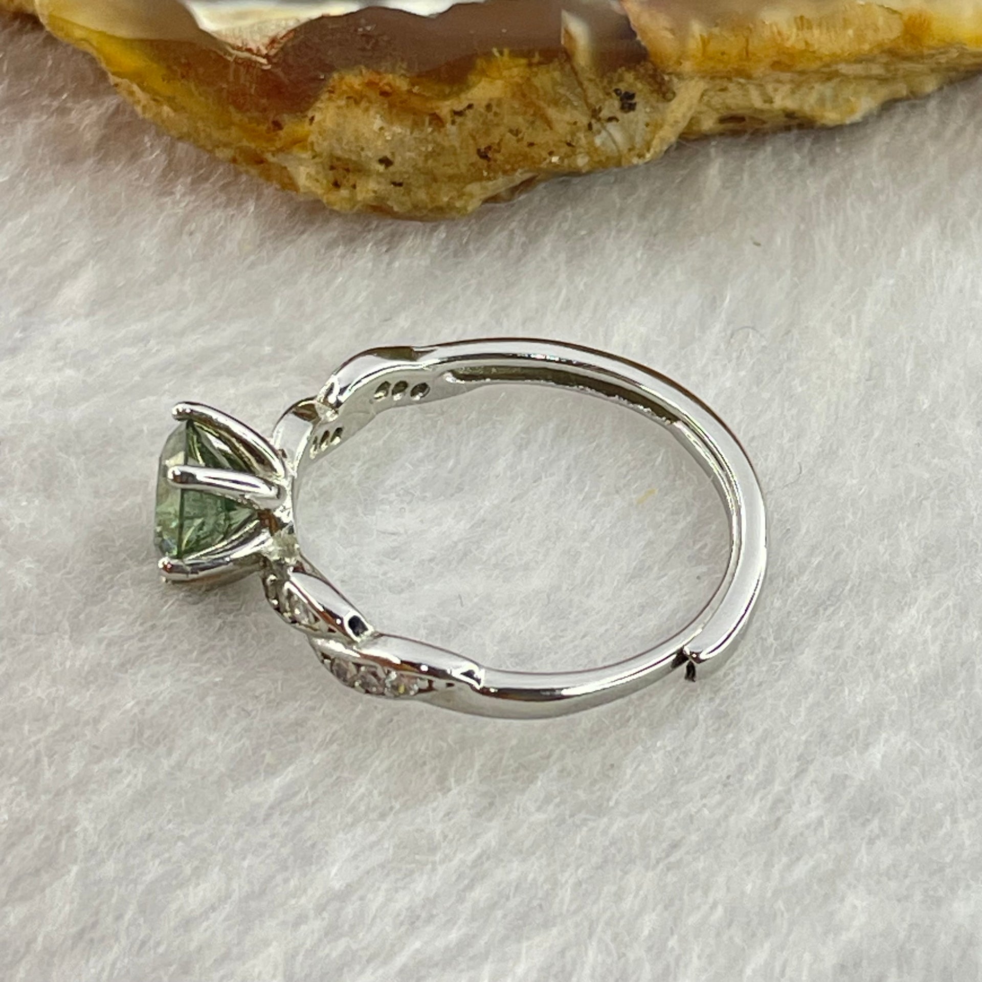 Blueish Green Cubic Zirconia 6.2 by 2.6mm with Crystals In S925 Sliver Ring (Adjustable Size) 1.51g - Huangs Jadeite and Jewelry Pte Ltd