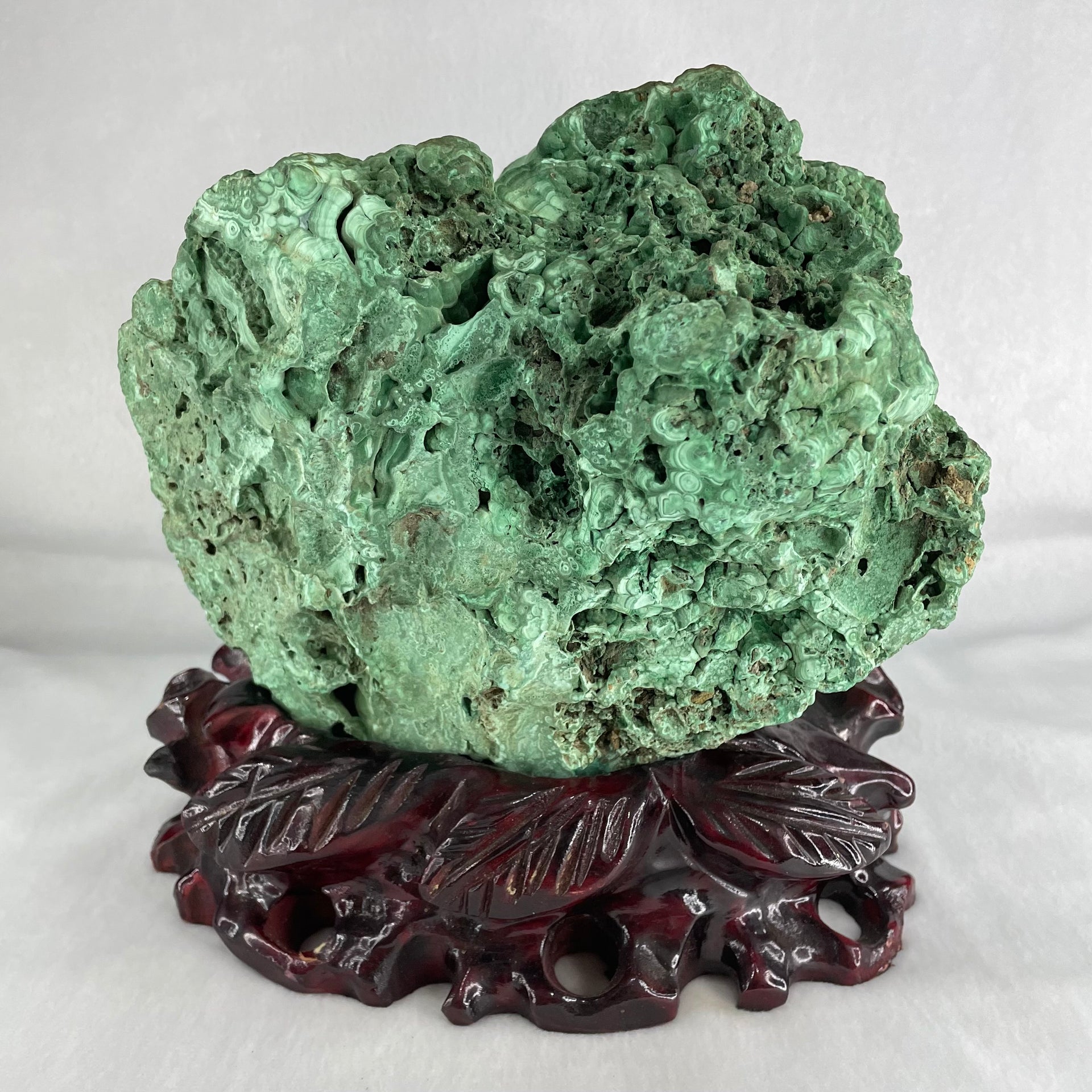 Natural Malachite with Wooden Stand Display 6,768.1g 210.0 by 150.0 by 200.0mm - Huangs Jadeite and Jewelry Pte Ltd