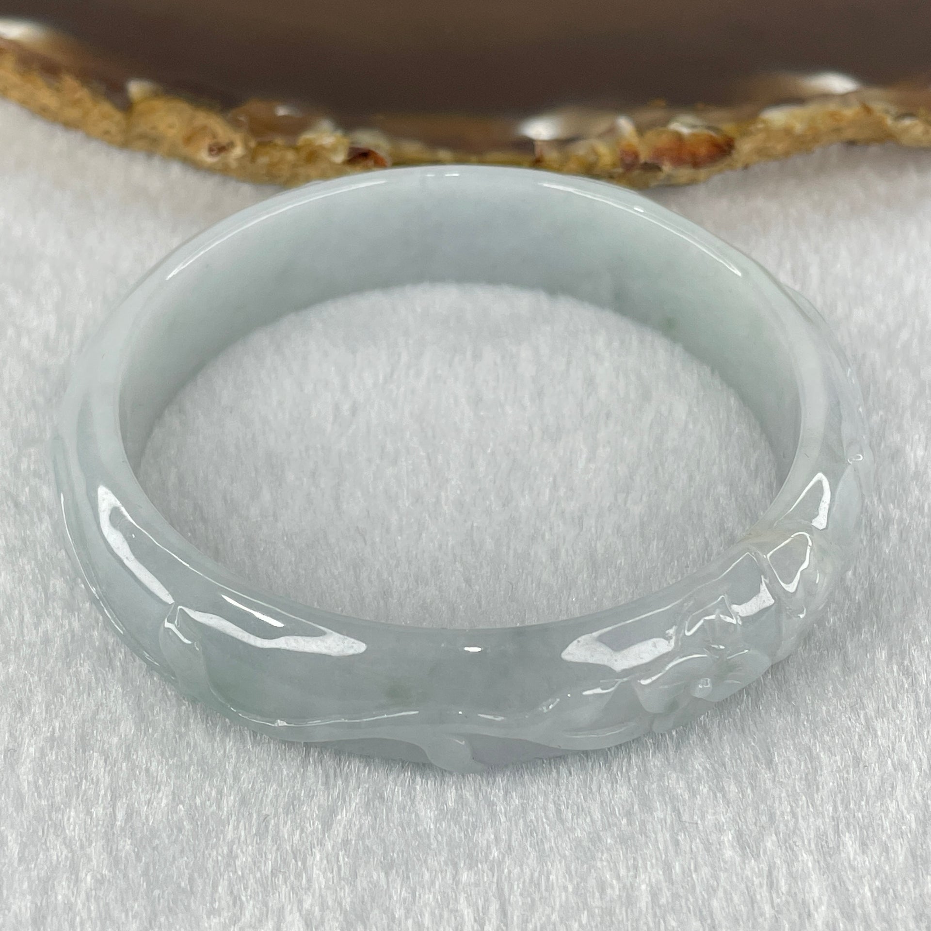 Type A Faint Blueish Green with Faint Lavender Patches Jadeite Flower and Leaf Bangle 43.09g Internal Diameter 58.12mm 13.4 by 7.4mm (External Lines) - Huangs Jadeite and Jewelry Pte Ltd