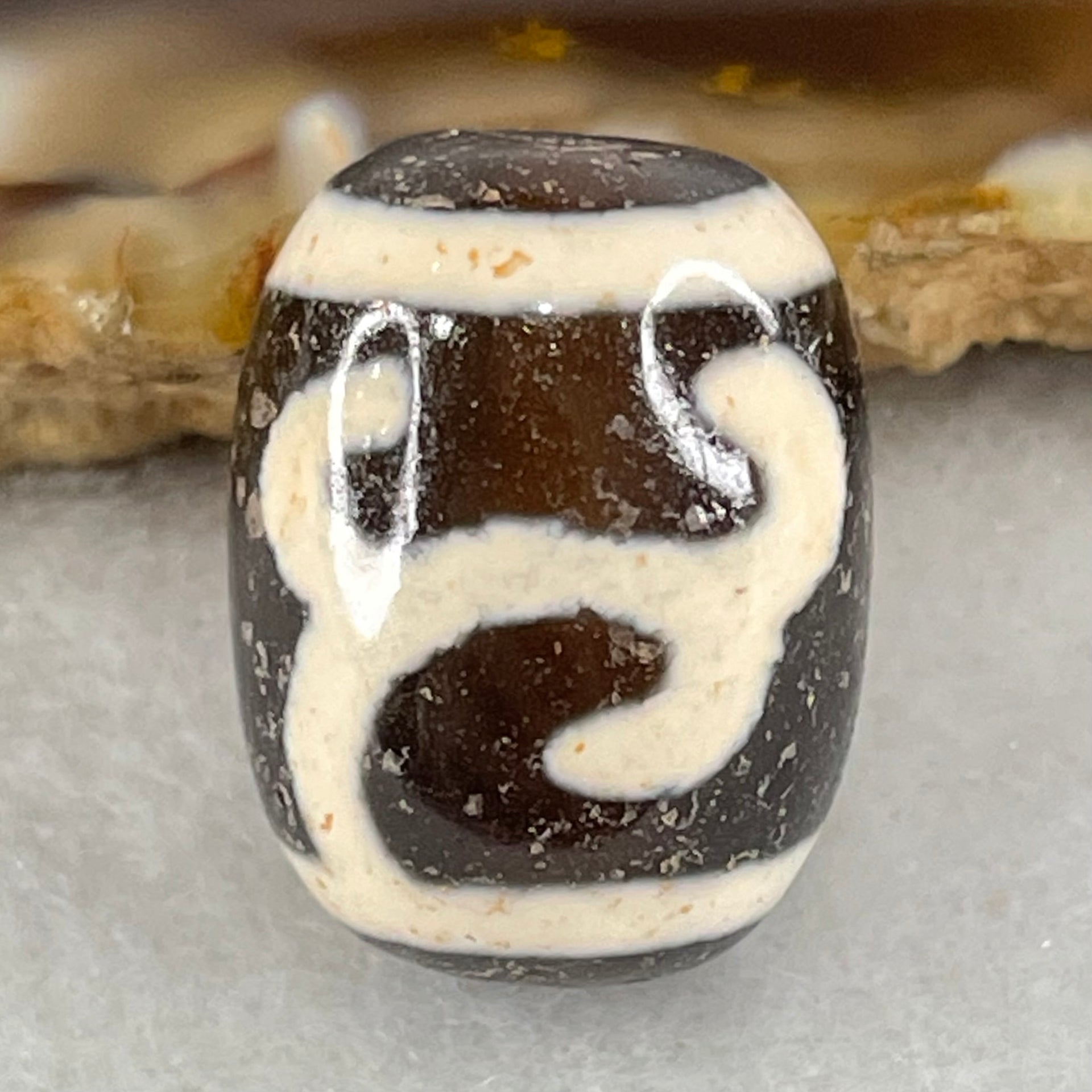 Natural Powerful Tibetan Old Oily Black White Agate Green Tara Dzi Bead Heavenly Master (Tian Zhu) 绿度母天珠 4.78g 17.4 by 13.4mm - Huangs Jadeite and Jewelry Pte Ltd