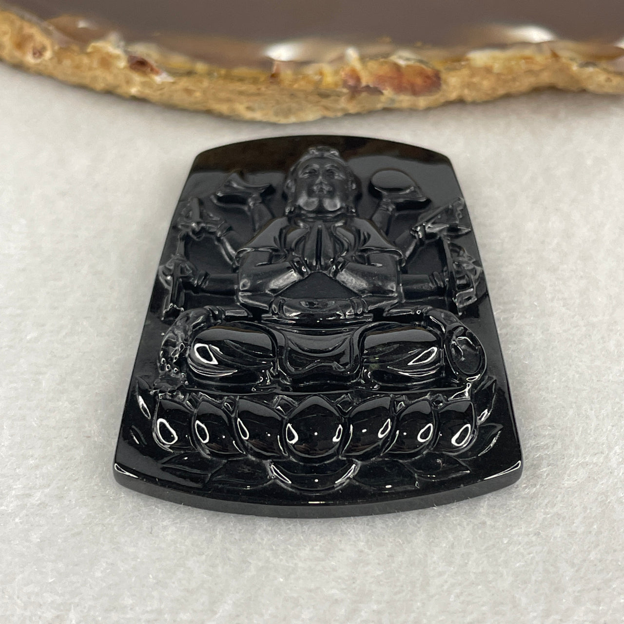 Blessing, Harmony and Fortune - Certified Natural Type A Black Omphacite Jadeite Thousand Hand Guan Yin Pendant 22.99g 59.7 by 40.5 by 7.8mm