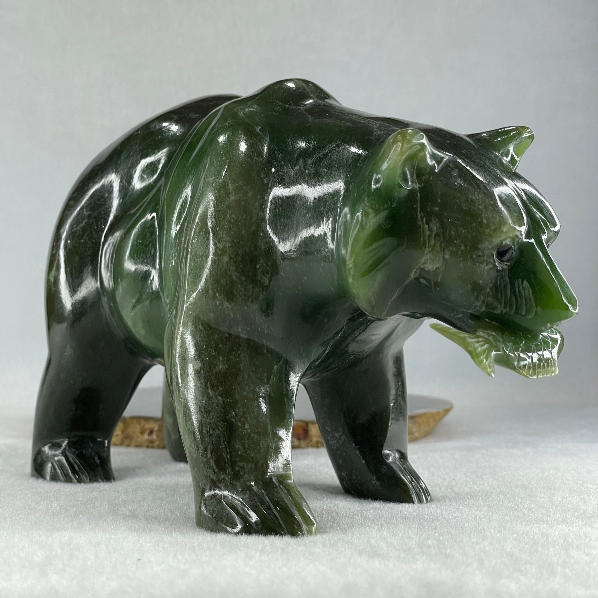 Natural Dark Green Serpentine Bear eating Fish Display 1,800.0g 180.5 by 82.0 by 107.0mm - Huangs Jadeite and Jewelry Pte Ltd