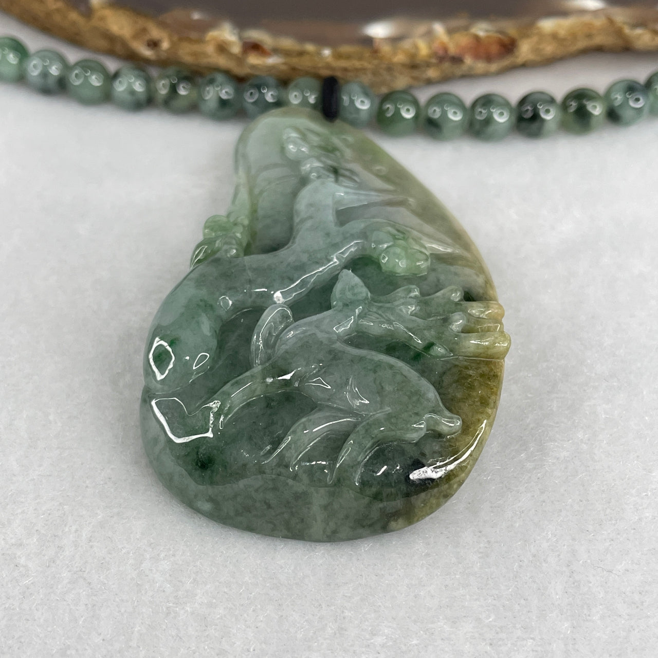 Natural Type A Blueish Green Jadeite Deer with Flower Tree Pendant with Piao Hua Beads Necklace | Certified Untreated Fei Cui Gemstone Set (112.24g | 58cm 70.2 by 40.6 by 12.8mm - 6.8mm 90 Beads)
