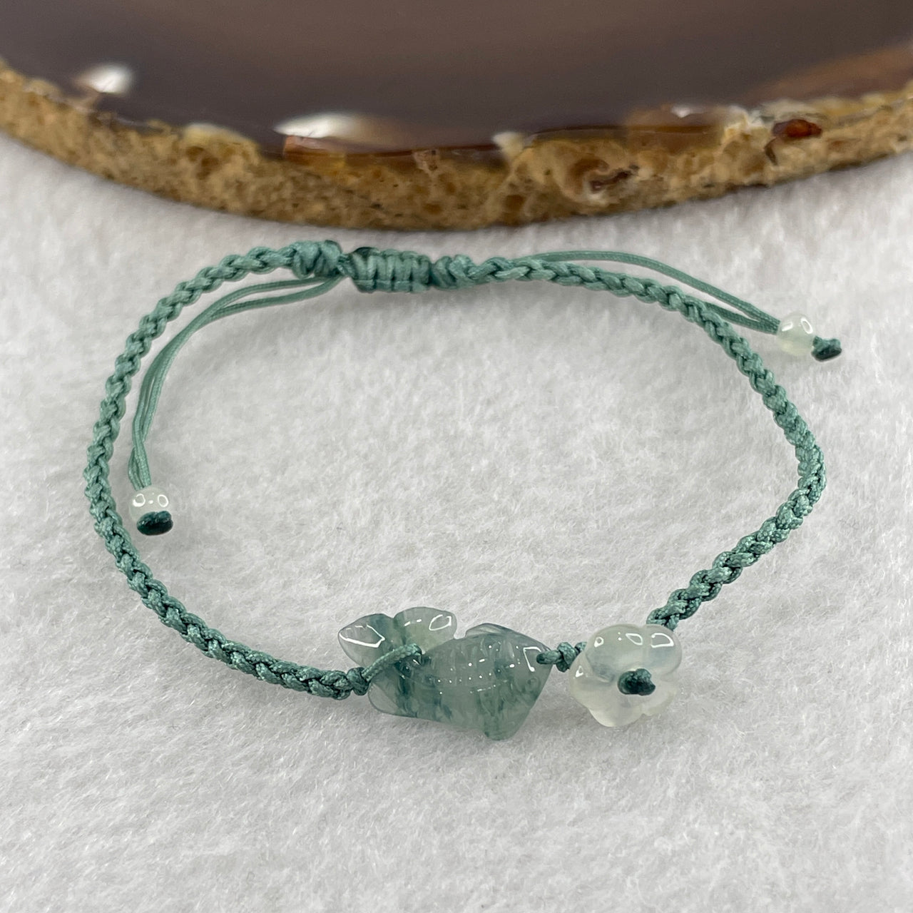 Natural Type A Semi Icy Green with Dark Green Patches Jadeite Fish with Flower on String Bracelet 1.59g 15-18cm 15.6 by 7.9 by 3.5mm