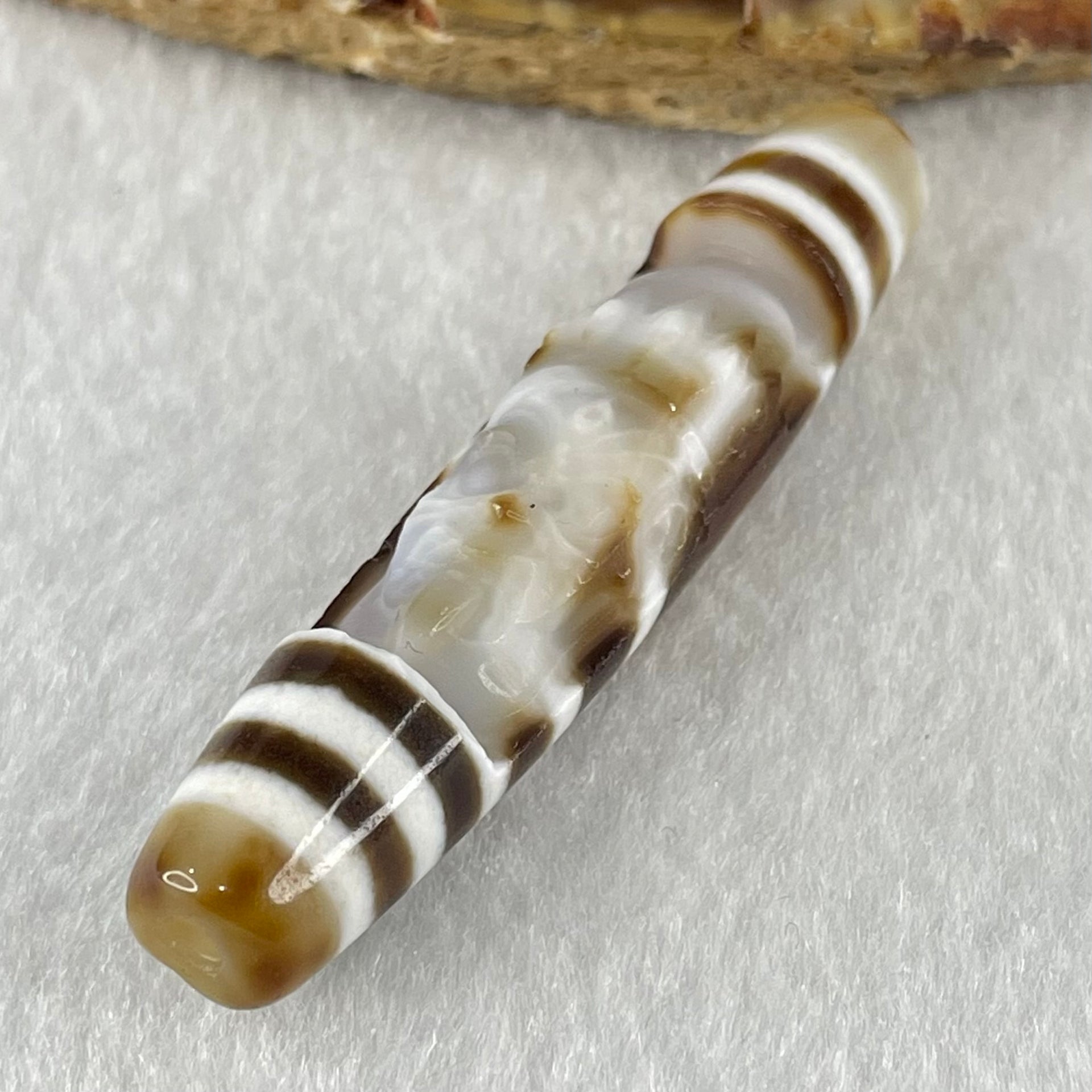 Natural Powerful Tibetan Old Oily Agate 2 Eye with Zha Ji La Mu Female Cai Shen Carvings Dzi Bead Heavenly Master (Tian Zhu) 两眼扎基拉姆女财神天诛 11.98g 57.3 by 12.5mm - Huangs Jadeite and Jewelry Pte Ltd