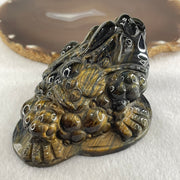 Natural Yellow Tiger's Eye Quartz 3 Legged Toad with Ancient Coin with Wooden Stand Display 412.4g 108.5 by 83.0 by 94.5mm - Huangs Jadeite and Jewelry Pte Ltd