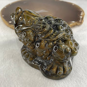 Natural Yellow Tiger's Eye Quartz 3 Legged Toad with Ancient Coin with Wooden Stand Display635.0g 128.1 by 90.7 by 92.5mm - Huangs Jadeite and Jewelry Pte Ltd