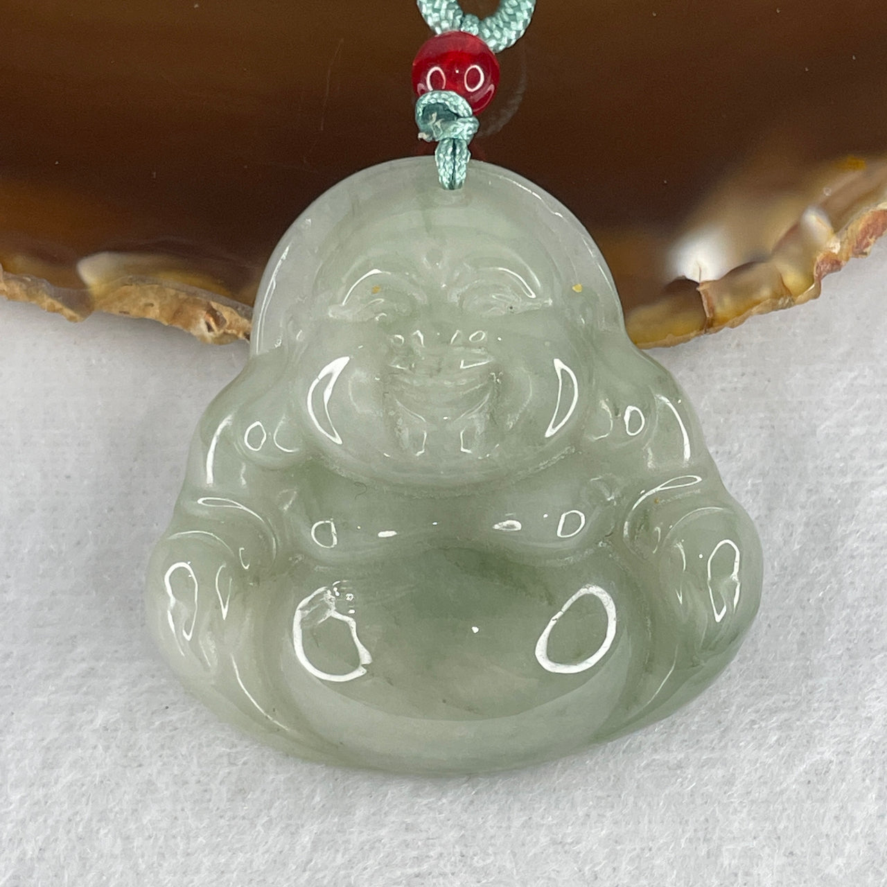 Natural Green Quartzite Jade Laughing Milo Buddha Pendant 26.65g 42.4 by 42.4 by 11.2mm