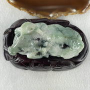 Natural Type A Light Green Light Lavender with Dark Green Patches Jadeite Ox with Wooden Stand Display 341.7g 116.5 by 73.9 by 66.0mm - Huangs Jadeite and Jewelry Pte Ltd