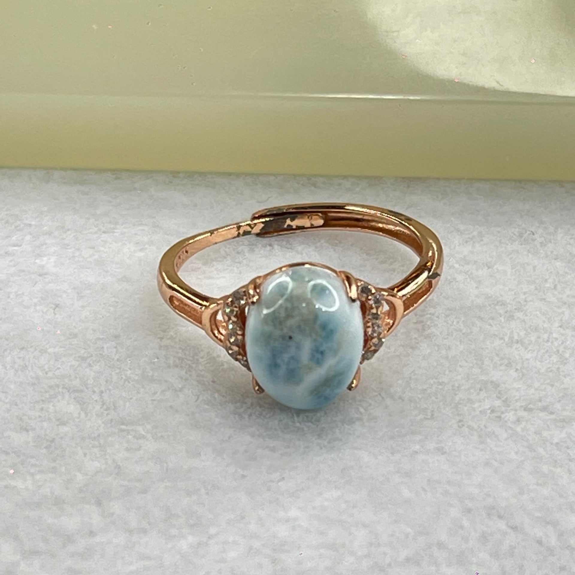 Natural Larimar in S925 Silver Rose Gold Color Ring (Adjustable Size) 1.95g 10.0 by 7.8mm - Huangs Jadeite and Jewelry Pte Ltd