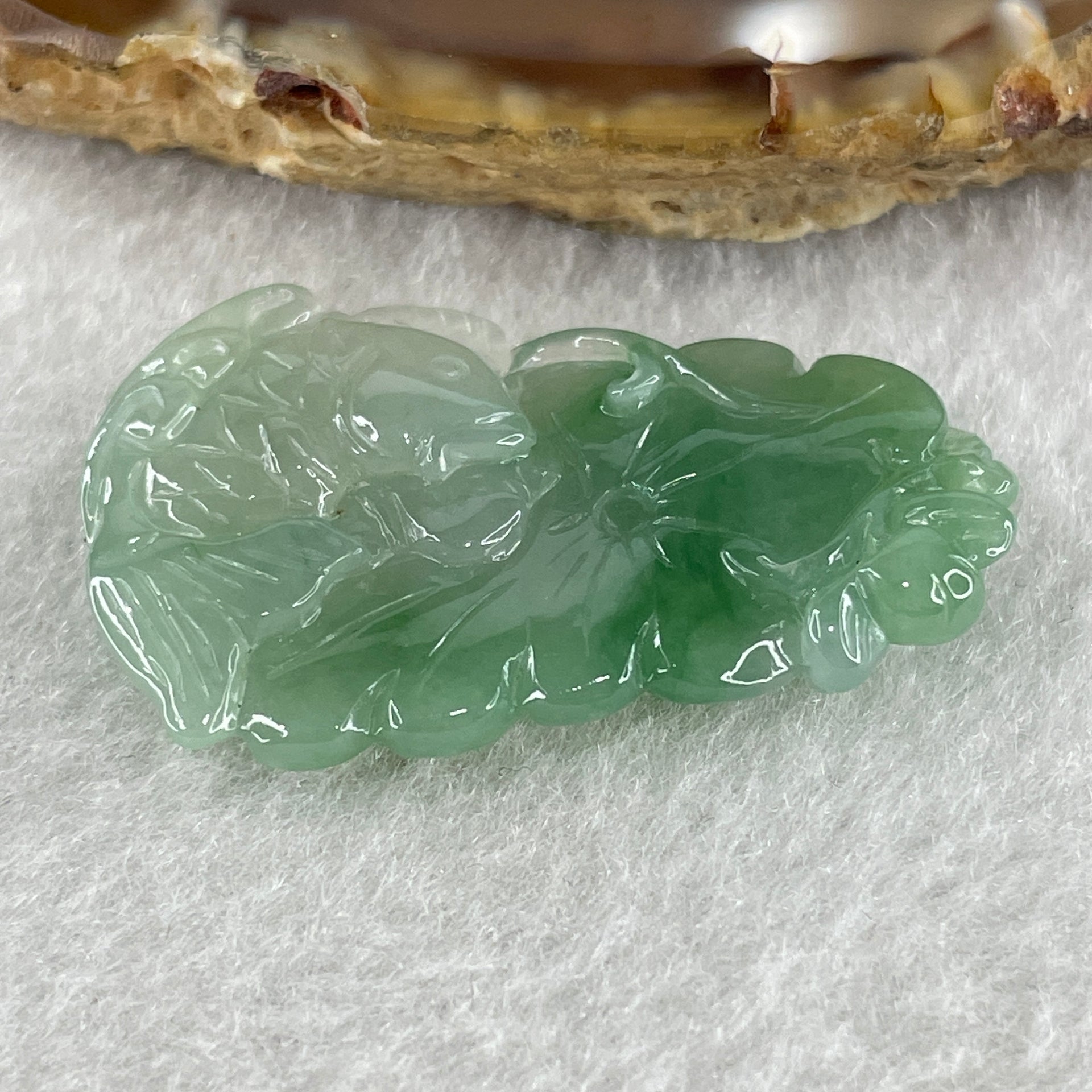 Natural Type A Jelly Green with Faint Green and Emerald Green Jadeite Carp Fish on Lotus Leaf Pendant 6.34g 34.1 by 20.3 by 6.3mm - Huangs Jadeite and Jewelry Pte Ltd