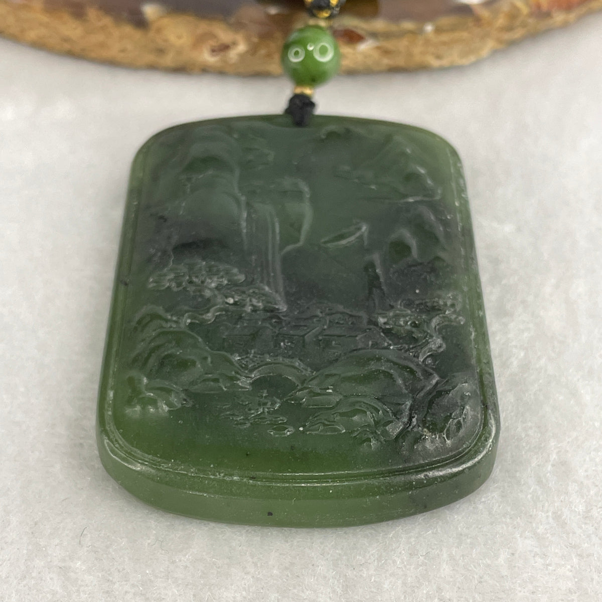 Natural Green Nephrite Shan Shui Landscape Pendant with Beads Necklace | Universal Harmony & Prosperity (87.58g | 42cm / 56 Beads | 59.2x41.0x7.8mm)