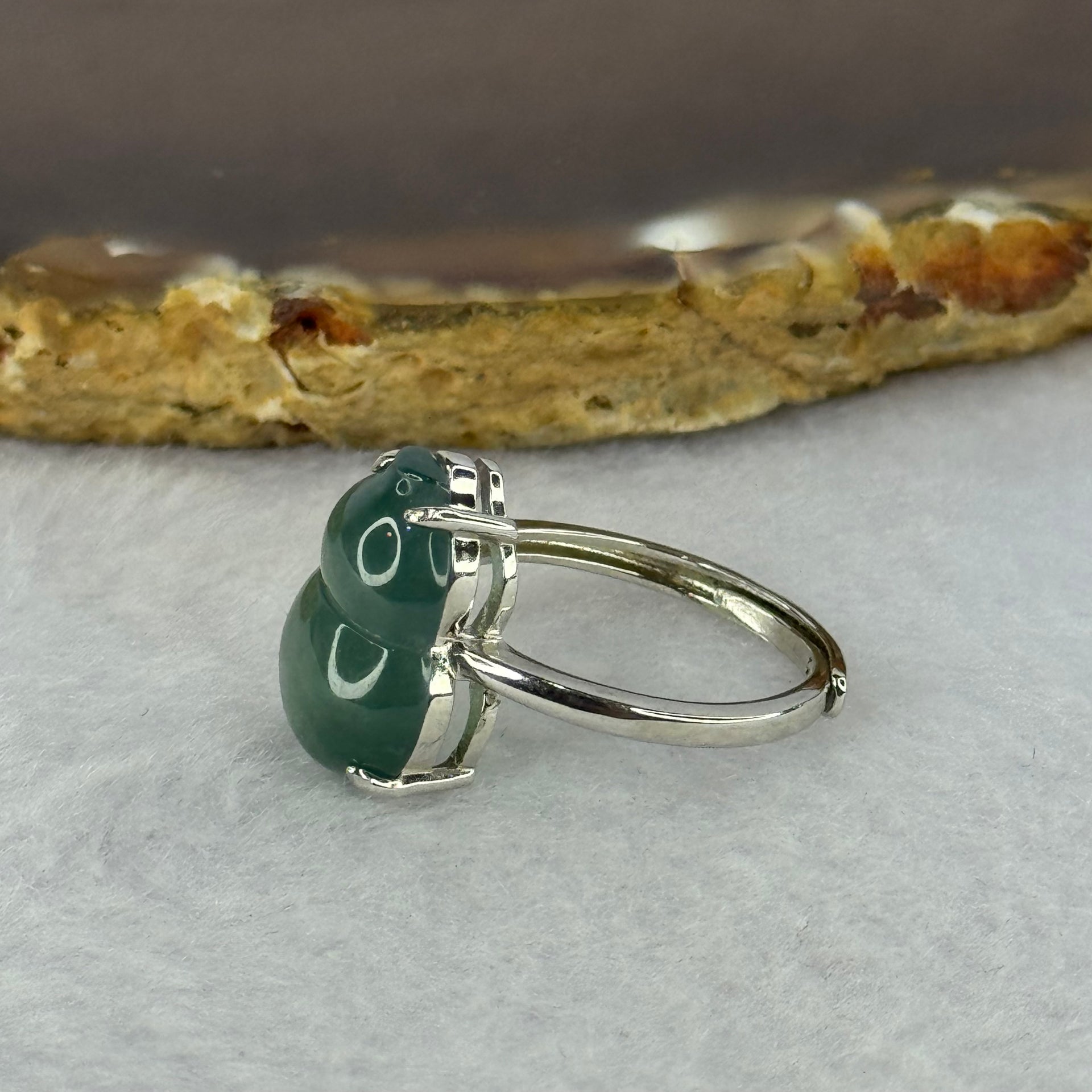 Type A Icy Blueish Green Jadeite Hulu with Crystals in S925 Sliver Ring (Adjustable Size) 3.42g 15.2 by 11.0 by 4.5mm - Huangs Jadeite and Jewelry Pte Ltd