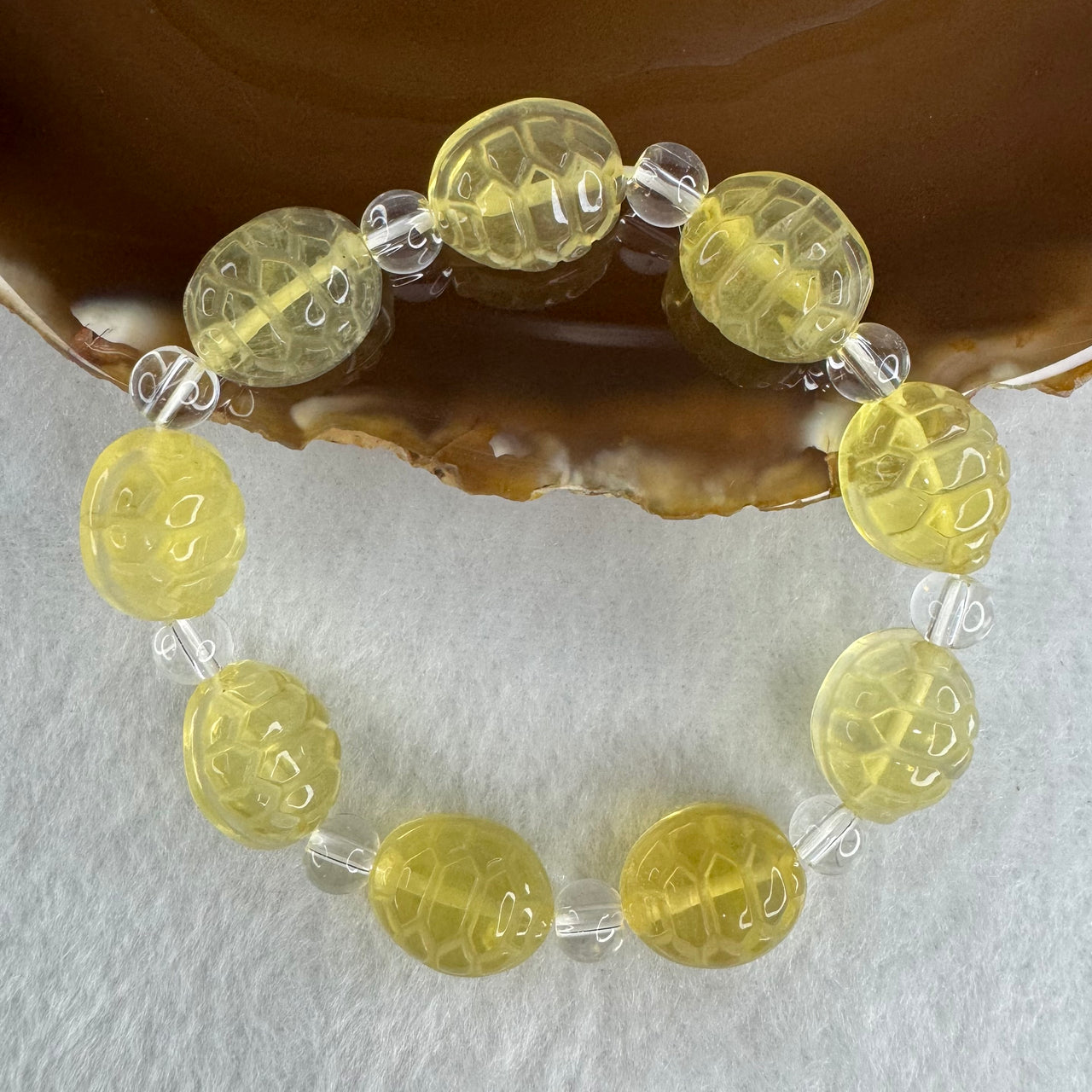 Good Grade Natural Yellow Fluorite Turtle Shell Beads Bracelet | 15.0mm Golden Longevity Amulet (27.47g | 15cm Wrist | 9 Pcs)