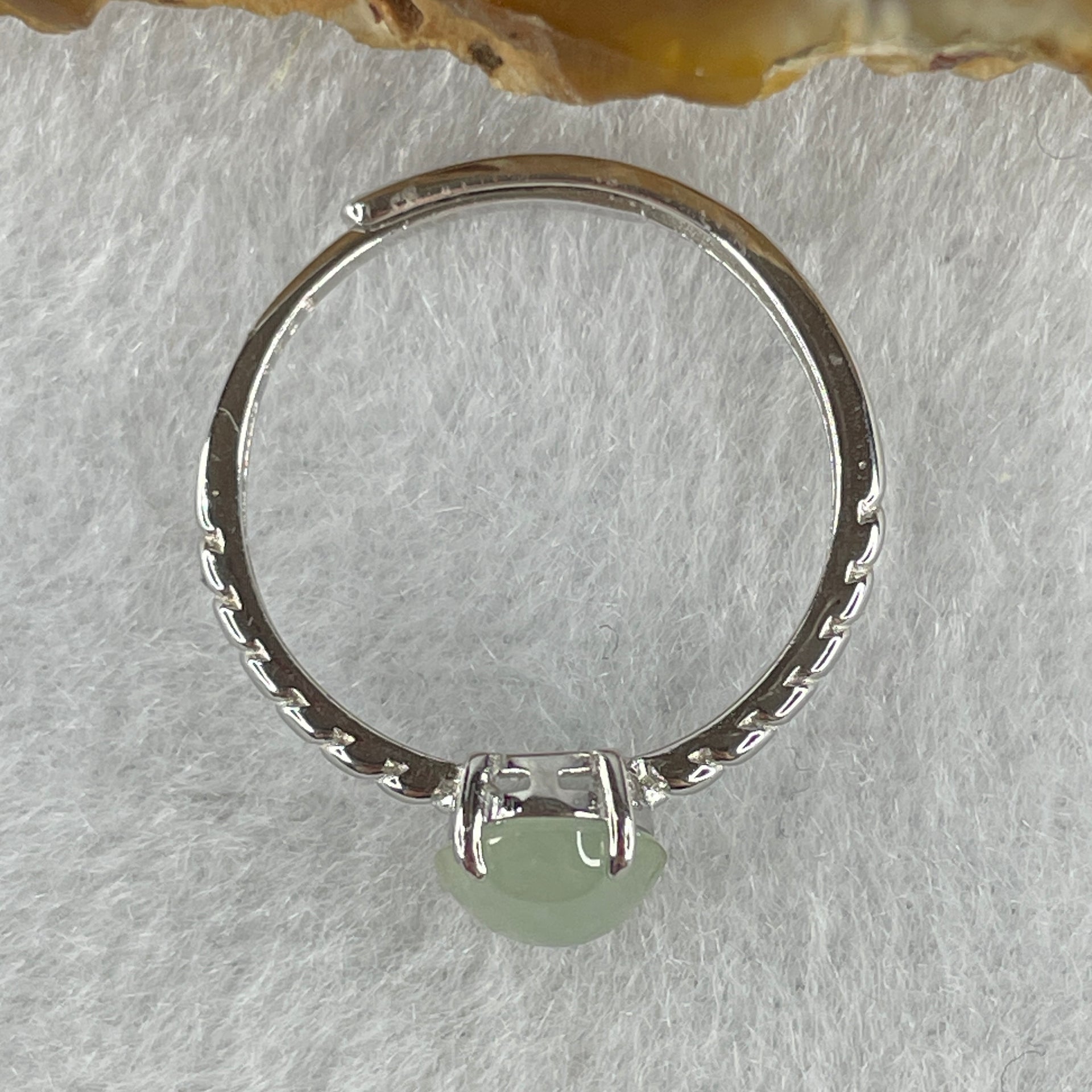 Natural Type A Semi Icy Faint Green Jadeite Oval Shape Cabouchon in S925 Silver Ring (Adjustable Size) 1.47g 7.4 by 6.5 by 4.5mm - Huangs Jadeite and Jewelry Pte Ltd