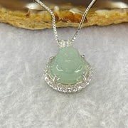 Type A Semi Icy Light Blueish Green Milo Buddha with Crystals in S925 Sliver Pendant and Necklace 6.13g 14.9 by 14.9 by 7.8mm - Huangs Jadeite and Jewelry Pte Ltd