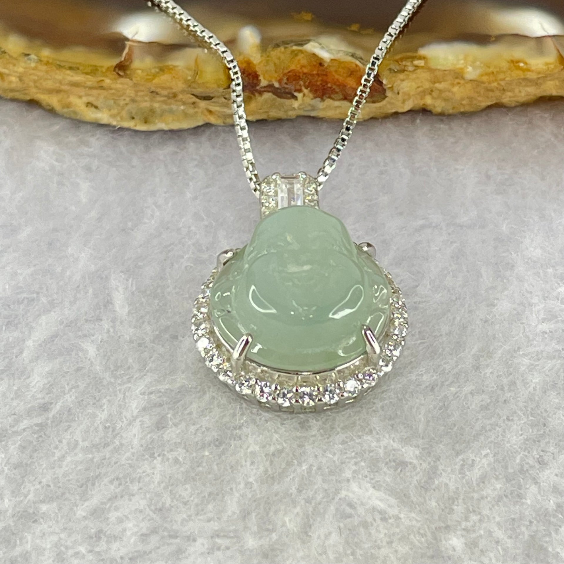Type A Semi Icy Light Blueish Green Milo Buddha with Crystals in S925 Sliver Pendant and Necklace 6.13g 14.9 by 14.9 by 7.8mm - Huangs Jadeite and Jewelry Pte Ltd