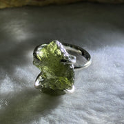 Natural Czech Republic Moldavite Meteorite Crystal in S925 Sliver Ring (Adjustable Size) 天然捷克陨石925银戒指 3.81g 18.3 by 12.9 by 4.5mm - Huangs Jadeite and Jewelry Pte Ltd