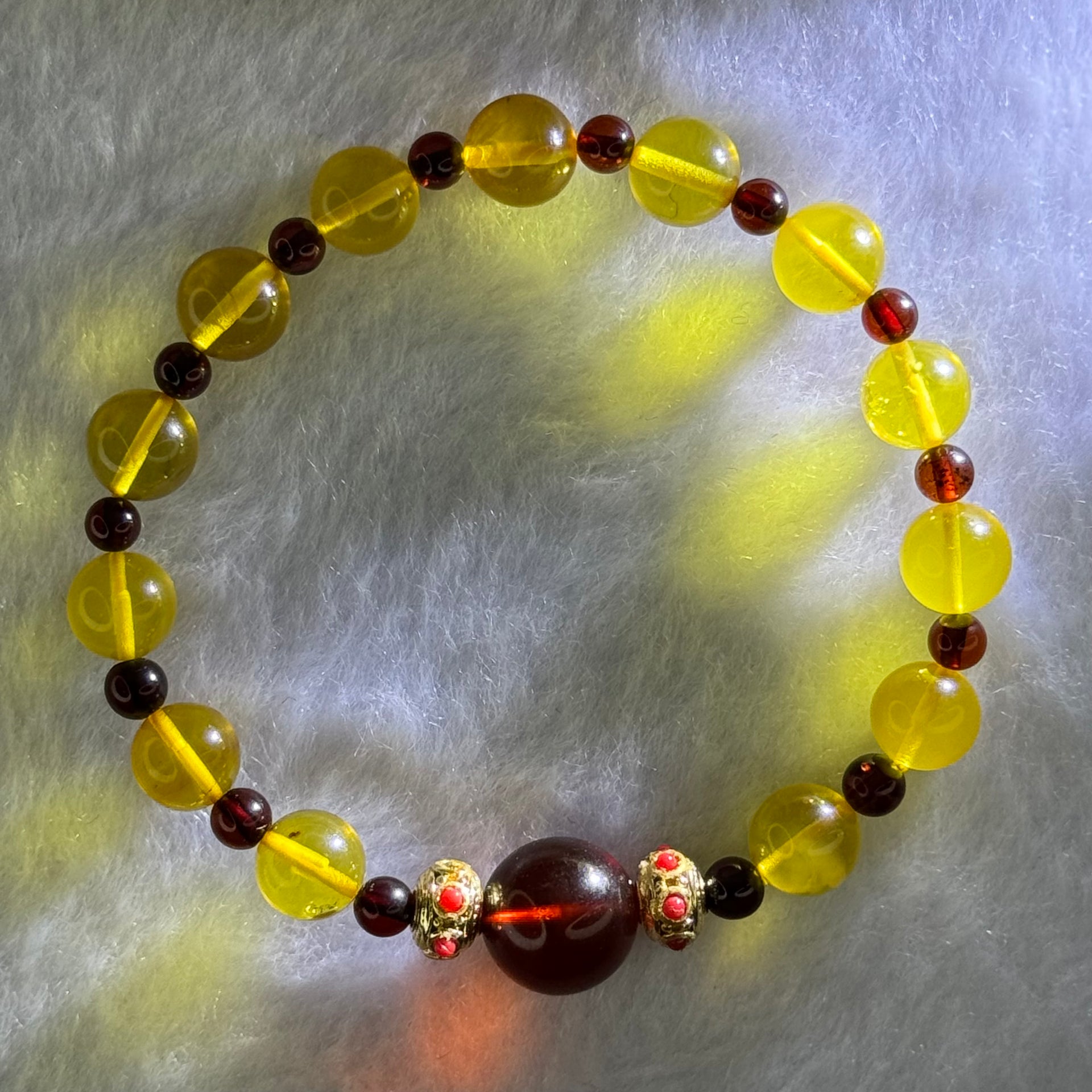 Natural Yellow Golden and Red Amber Beads Bracelet 7.24g 11.4mm 1 Bead 8.2mm 13 Beads - Huangs Jadeite and Jewelry Pte Ltd