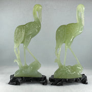 Natural Light Green Serpentine Pair of Cranes Bird with Wooden Stand Display 1,231.1g Each about 135.0 by 60.0 by 240.0mm - Huangs Jadeite and Jewelry Pte Ltd