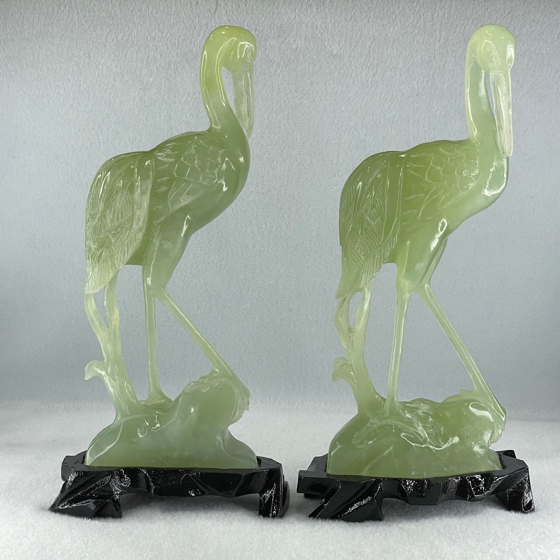 Natural Light Green Serpentine Pair of Cranes Bird with Wooden Stand Display 1,231.1g Each about 135.0 by 60.0 by 240.0mm - Huangs Jadeite and Jewelry Pte Ltd