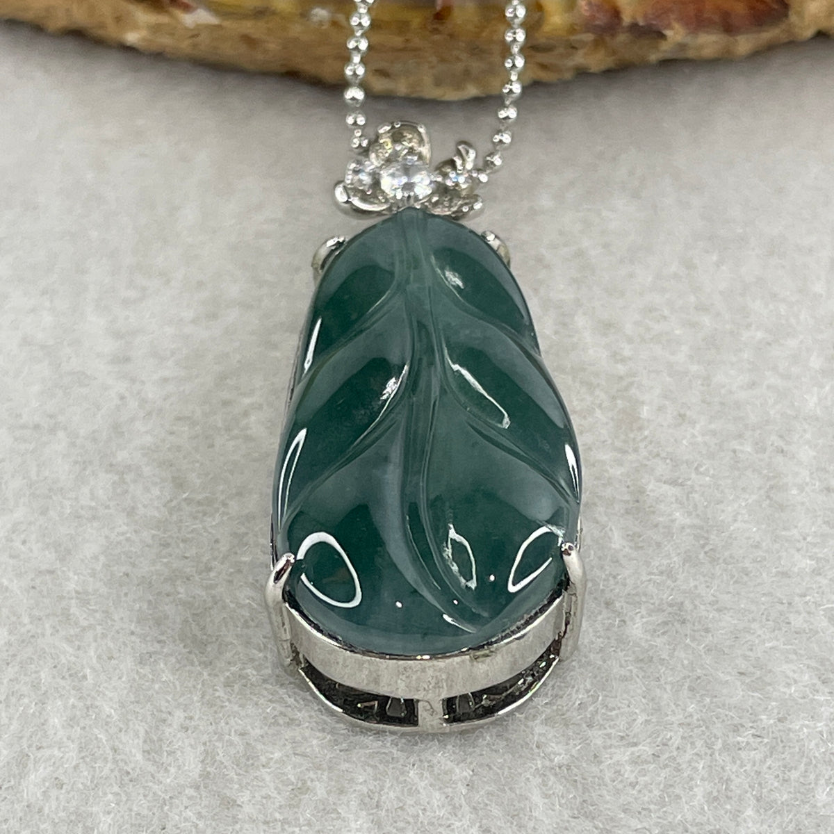Natural Type A Blueish Green Jadeite Leaf Necklace in S925 Silver | (9.64g | 44cm S925 | 29.8 x 16.5 x 3.5mm | Career Success & Growth Anchor, Feng Shui Prosperity & Executive Charm Necklace) - Huangs Jadeite and Jewelry Pte Ltd
