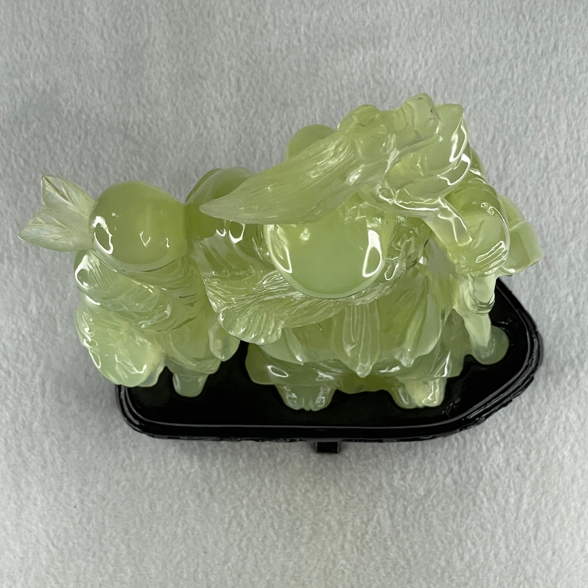 Natural Green Serpentine Shou Xing Gong and Tong Zi with Wooden Stand Display 1,535.1g 160.0 by 276.0 by 68.0mm - Huangs Jadeite and Jewelry Pte Ltd