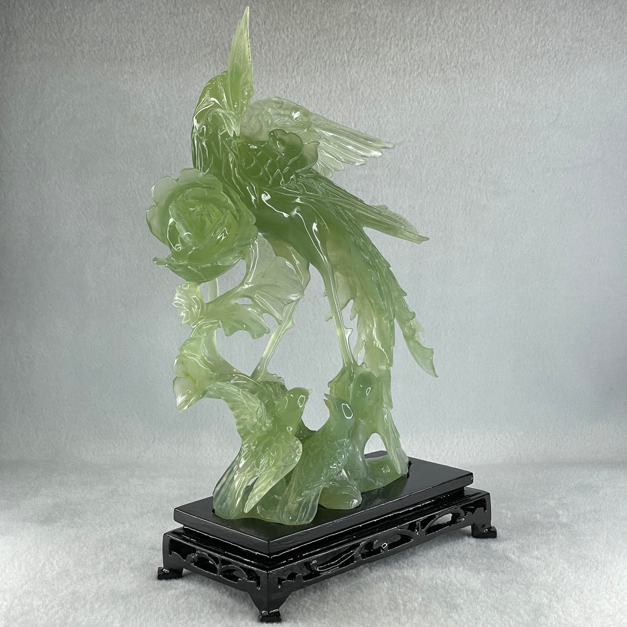 Natural Icy Light Green Serpentine Phoenix on Tree with Twin Birds and Flower with Wooden Stand Display 710.1g 169.0 by 262.0 by 84.0mm - Huangs Jadeite and Jewelry Pte Ltd