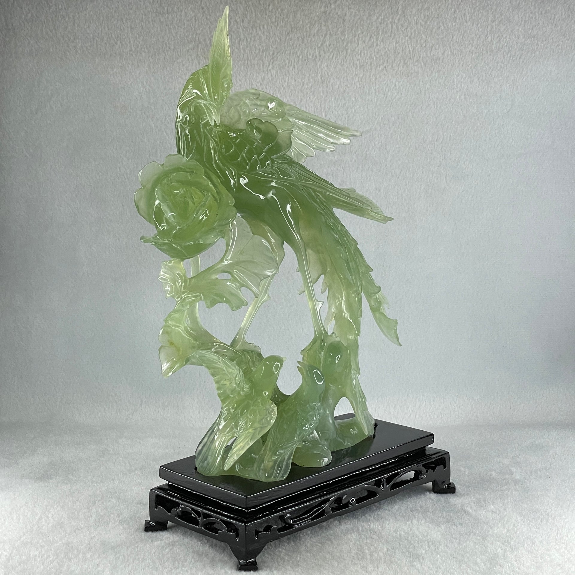 Natural Icy Light Green Serpentine Phoenix on Tree with Twin Birds and Flower with Wooden Stand Display 710.1g 169.0 by 262.0 by 84.0mm - Huangs Jadeite and Jewelry Pte Ltd