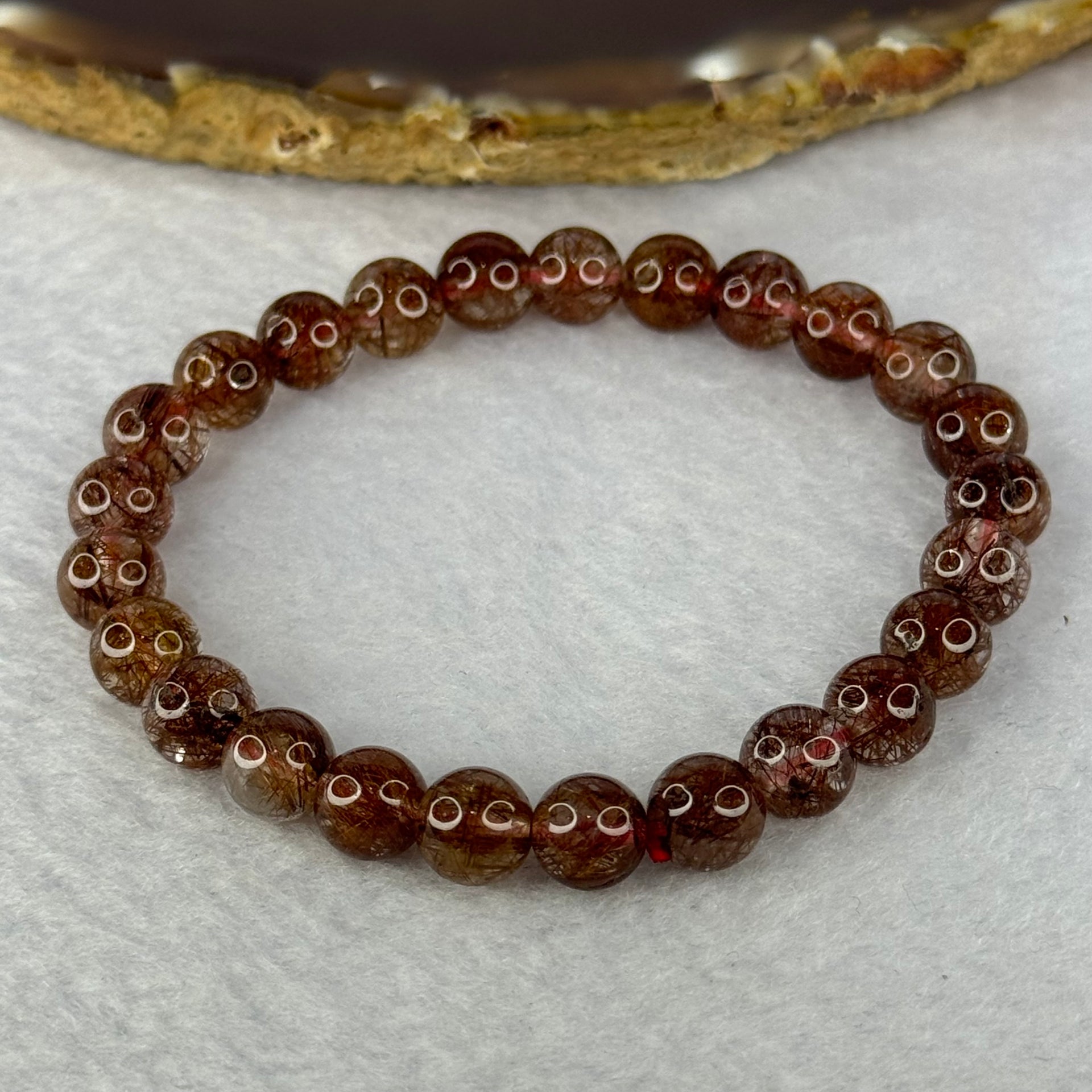 Natural Copper Rutilated Quartz Beads Bracelet 天然銅髮晶手镯 16.01g 16cm 7.9mm 25 Beads - Huangs Jadeite and Jewelry Pte Ltd