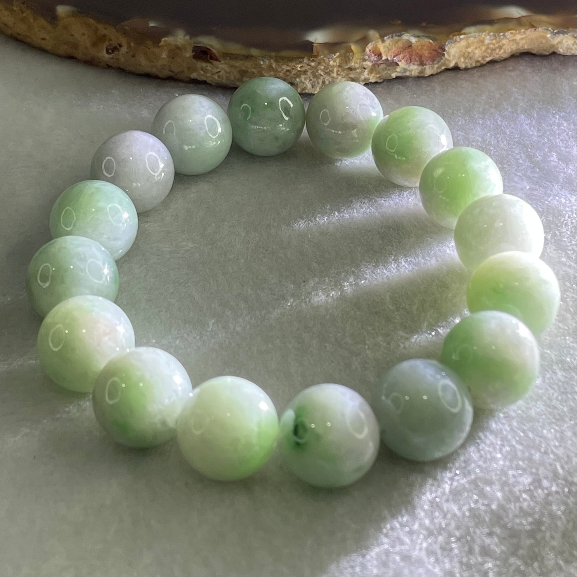 Type A Light Green with Light Lavender with Blueish Green Piao Huan Jadeite Beads Bracelet 47.41g 15cm 12.1mm 16 Beads - Huangs Jadeite and Jewelry Pte Ltd