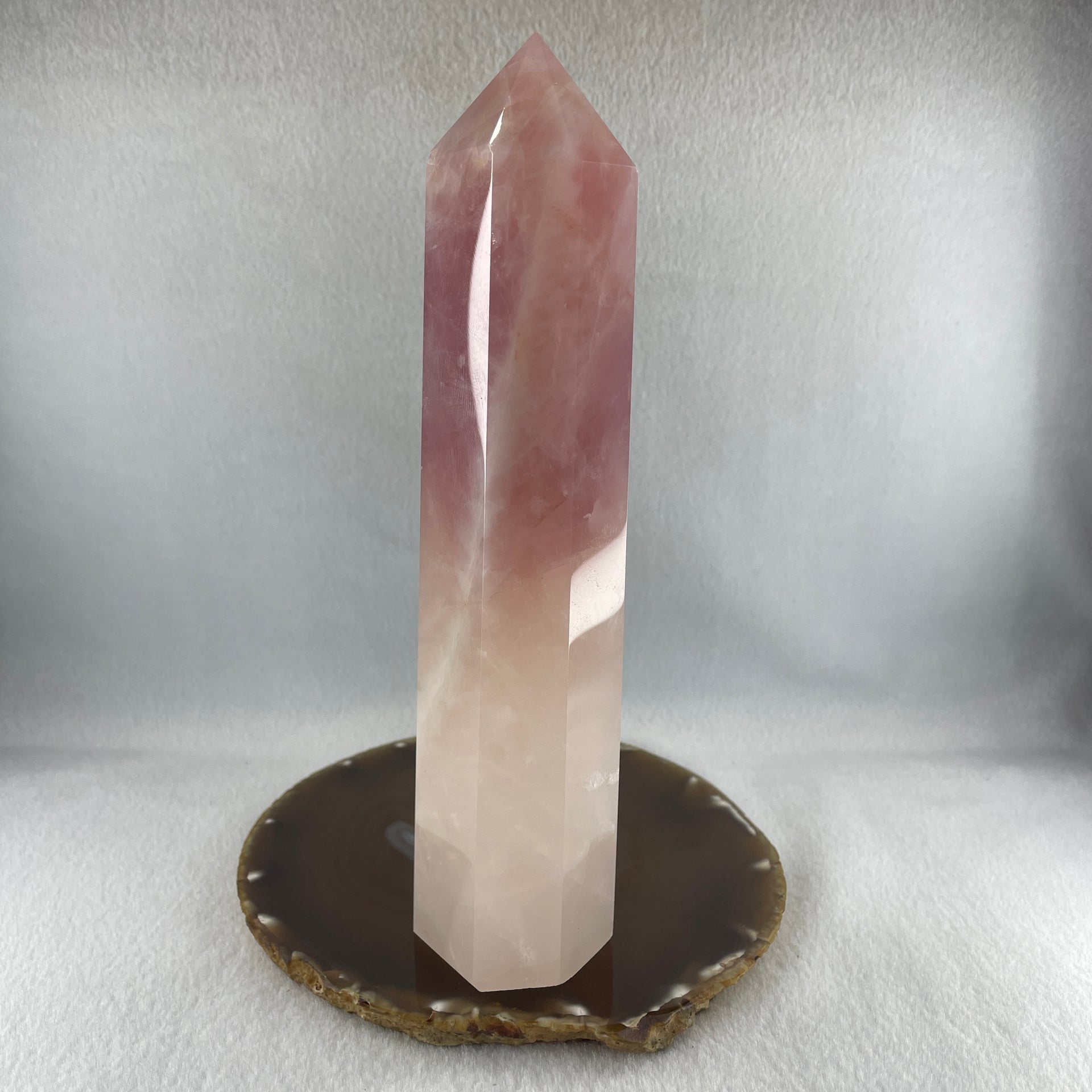 Natural Rose Quartz Tower Display 726.4g 49.5 by 41.2 by 205.0mm - Huangs Jadeite and Jewelry Pte Ltd