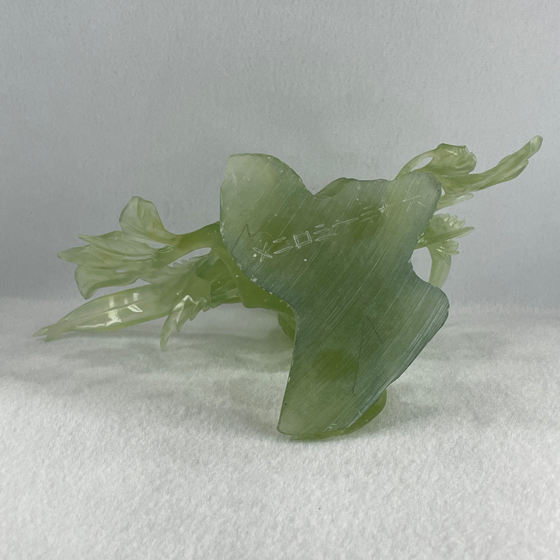 Natural Semi Icy Green Serpentine 3 Phoenix on Tree with Wooden Stand Display 705.1g 242.0 by 140.0 by 195.0mm - Huangs Jadeite and Jewelry Pte Ltd