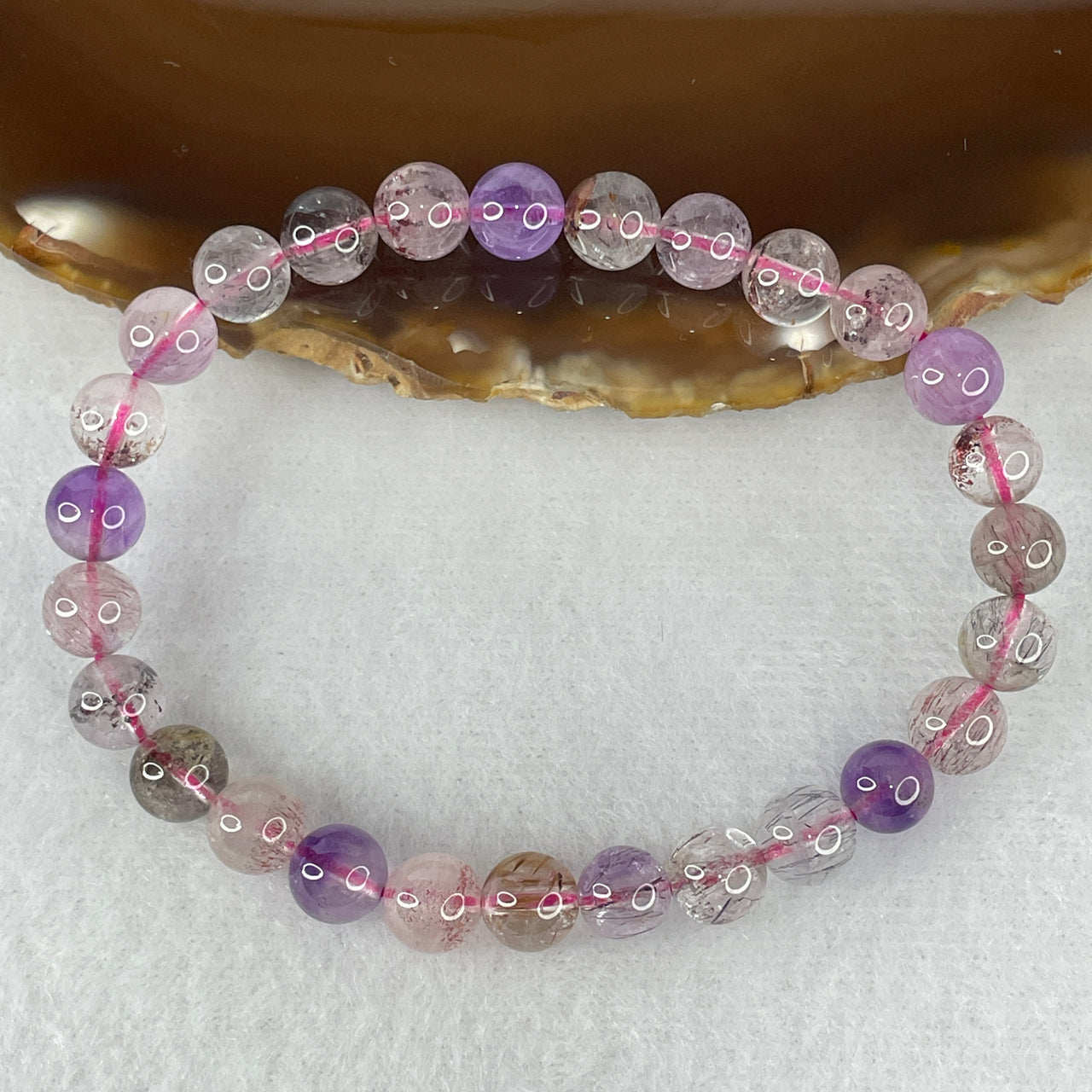 Certified Above-Average Grade Natural Super 7 Crystal Beads Bracelet | Fluid High-Clarity Petite Strand | Authentic Sacred Seven Multi-Mineral Inclusions Quartz Spiritual Catalyst & Auric Shield Bracelet (14.39g | 16.5cm Length | 7.4mm | 27 Beads)