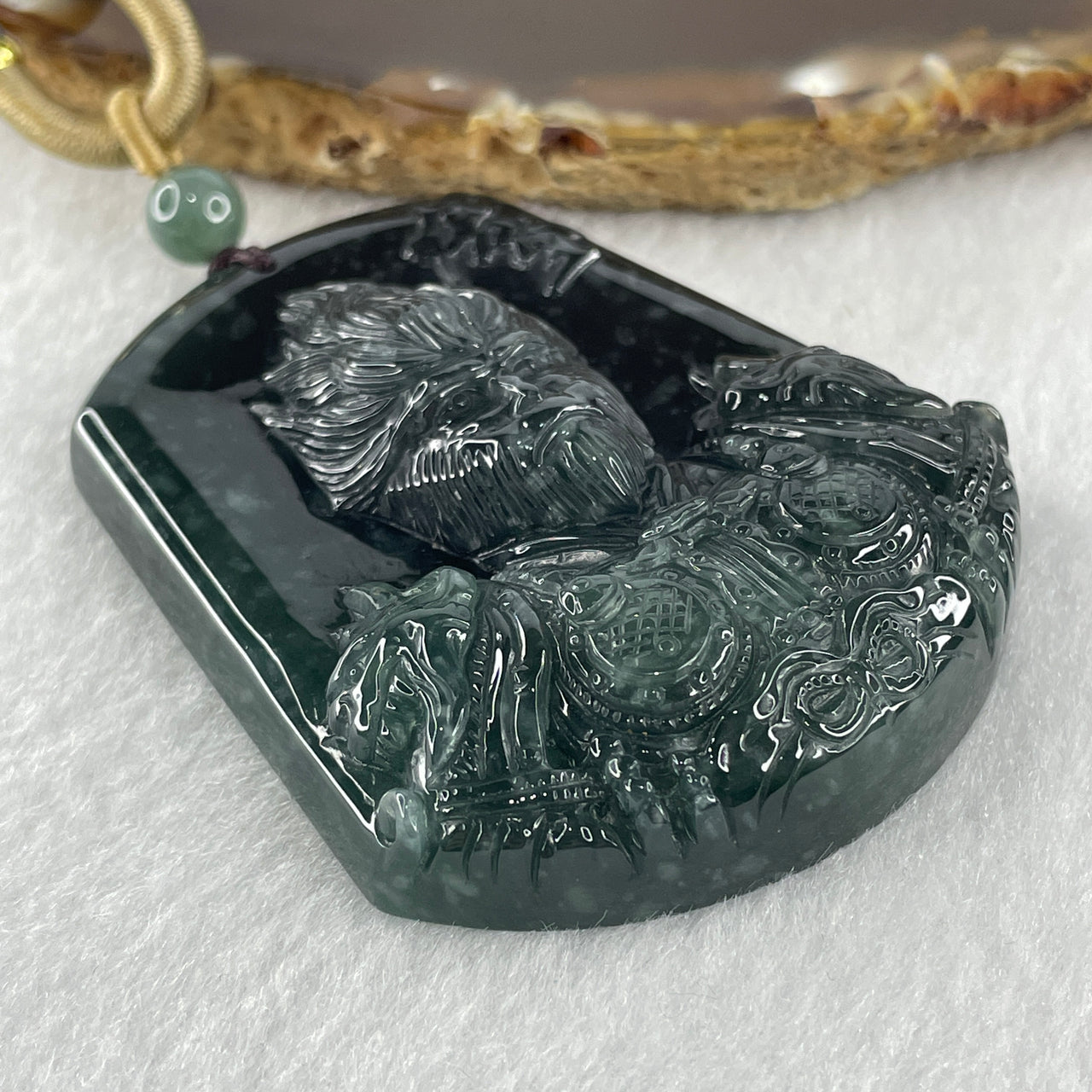 Natural Type A Semi Icy Dark Blueish Green Jadeite Sun Wu Kong Monkey God Pendant 70.54g 60.0 by 50.7 by 13.0mm