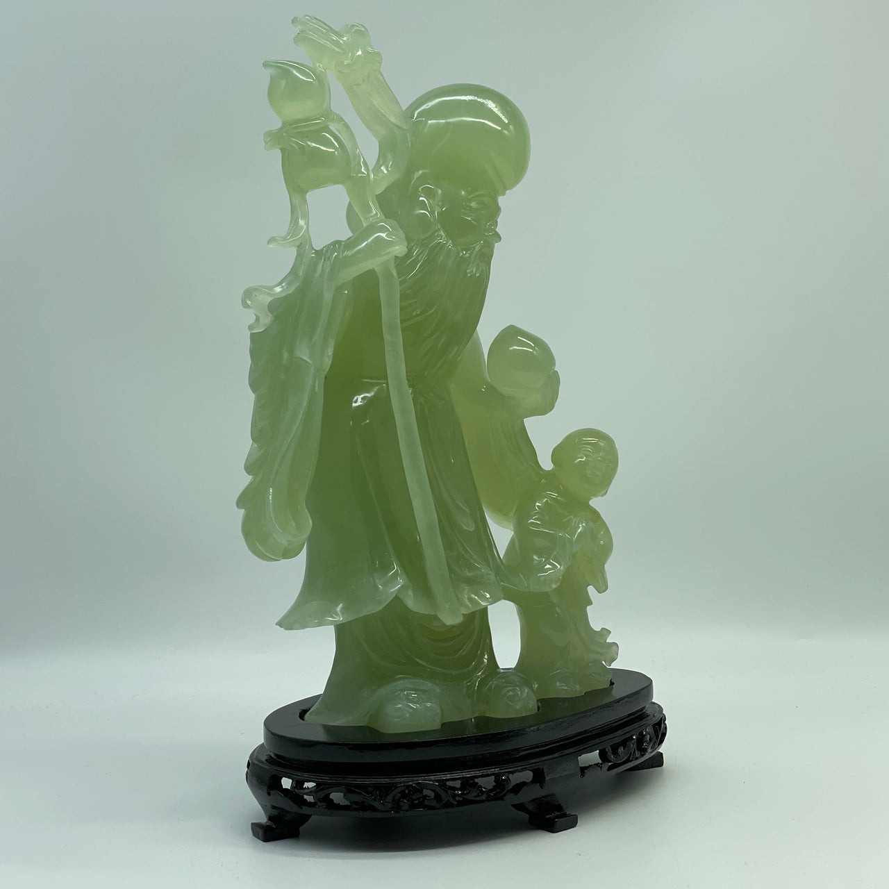 Natural Green Serpentine Shou Xing Gong and Tong Zi with Wooden Stand Display 2,599.0g 197.0 by 120.0 by 300.0mm