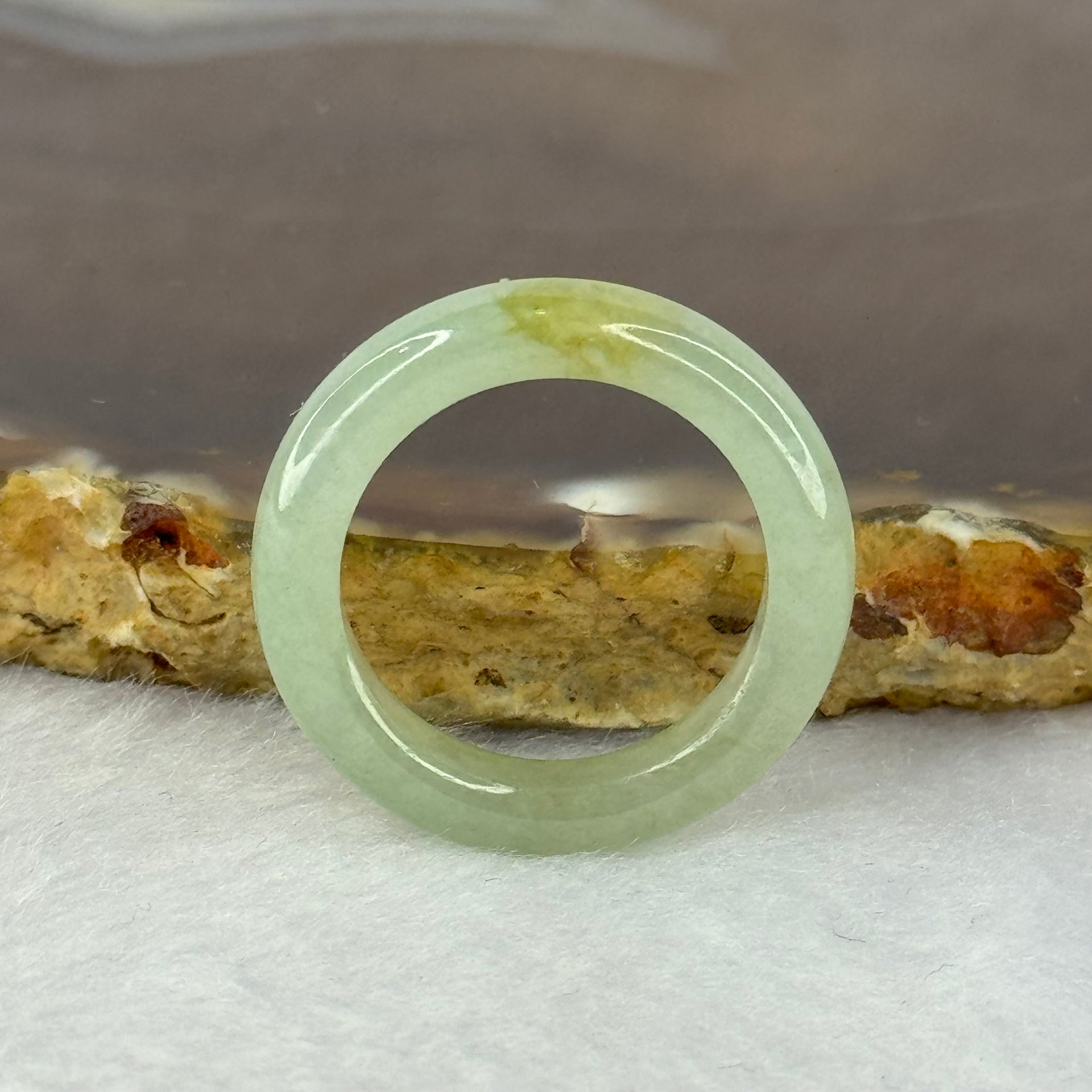 Type A Semi Icy Light Green with Yellow Brown Patch Jadeite Ring 3.26g 5.1 by 3.8mm US7.25 HK16 - Huangs Jadeite and Jewelry Pte Ltd