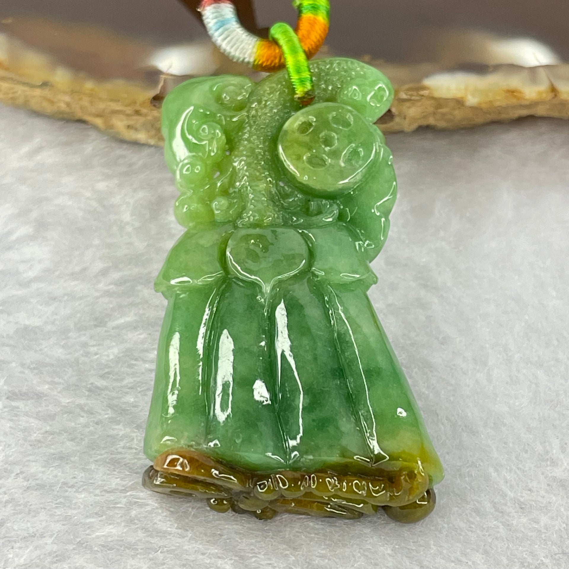 Type A Full Bright Spicy Green and Brown Jadeite Flower Dragonfly Ruyi Coin 17.01g 42.4 by 24.3 by 9.2mm - Huangs Jadeite and Jewelry Pte Ltd