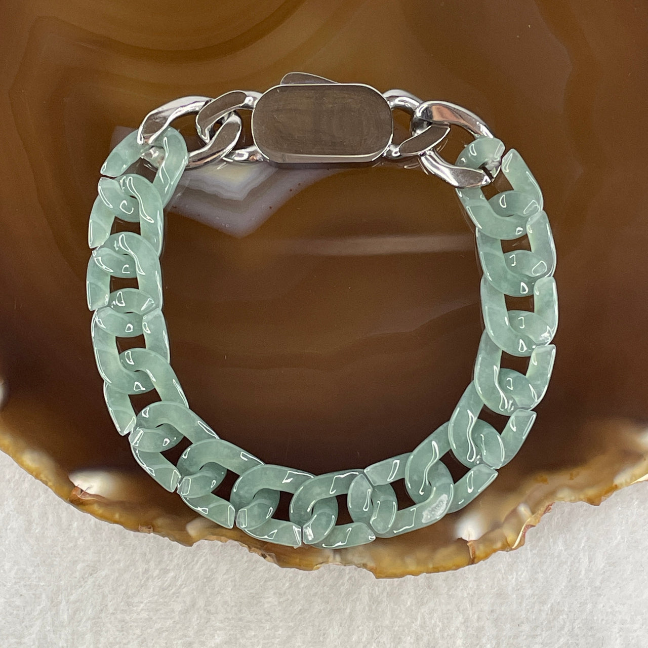 Certified Natural Type A Semi Icy Light Blueish Green Jadeite Cuban Tennis Bracelet with Metal Clap 25.82g 18cm 11.6 by 16.0 by 3.6mm 16 Pcs