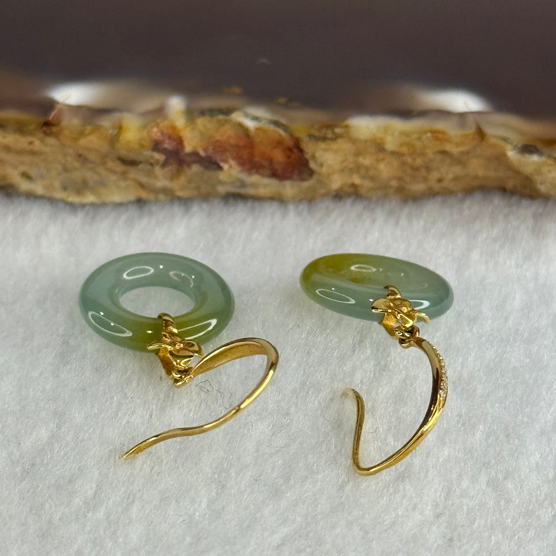 Type A Icy Blueish Green with Yellow Ping An Kou Jade Jadeite Earrings 18k Yellow Gold 2.12g 30.8 by 12.6 by 2.6mm - Huangs Jadeite and Jewelry Pte Ltd