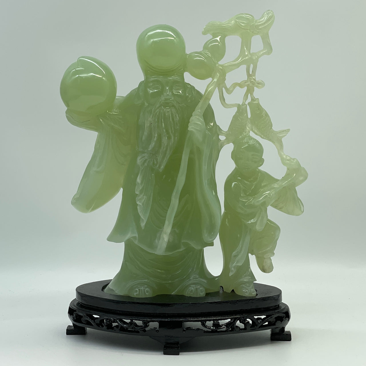 Natural Green Serpentine Shou Xing Gong with Tong Zi with Wooden Stand Display 2,263.0g 219.0 by 120.0 by 271.0mm