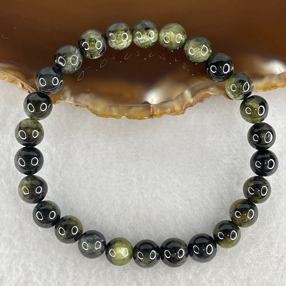 Certified Above Average Natural Cat's Eye Green Tourmaline Beads Bracelet | 7.2mm Emerald Chatoyant Prosperity (14.461g | 15.5cm | 26 Beads)