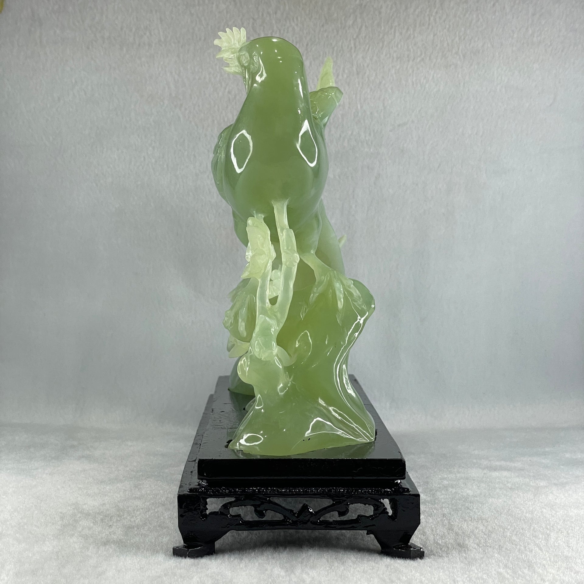 Natural Green Serpentine Phoenix with Twin Birds on Tree with Wooden Stand Display 1,158.3g L257.0 by B98.0 by H203.0mm - Huangs Jadeite and Jewelry Pte Ltd