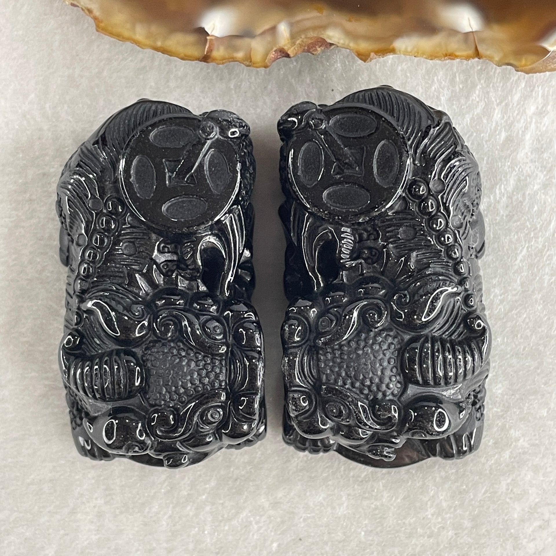 Certified Natural Type A Black Omphacite Jadeite Pixiu pair Pendant Each About 62.04g 50.6 by 28.6 by 21.4mm And 64.08g 50.0 by 27.5 by 22.7mm - Huangs Jadeite and Jewelry Pte Ltd