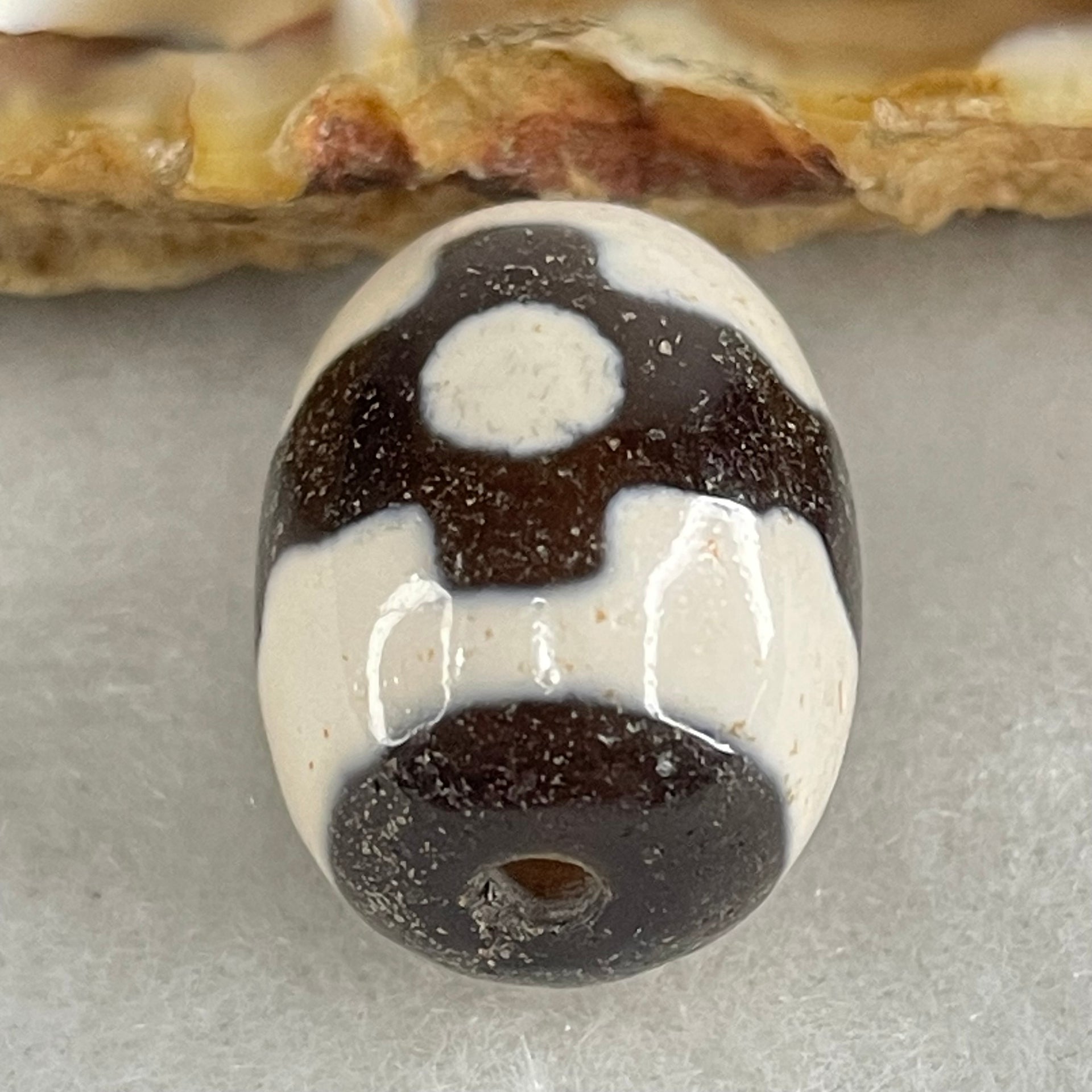 Natural Powerful Tibetan Old Oily Dark Brown With White Agate 3 Eyes Dzi Bead Heavenly Master (Tian Zhu) 三眼天诛 5.05g 17.8 by 13.5mm - Huangs Jadeite and Jewelry Pte Ltd