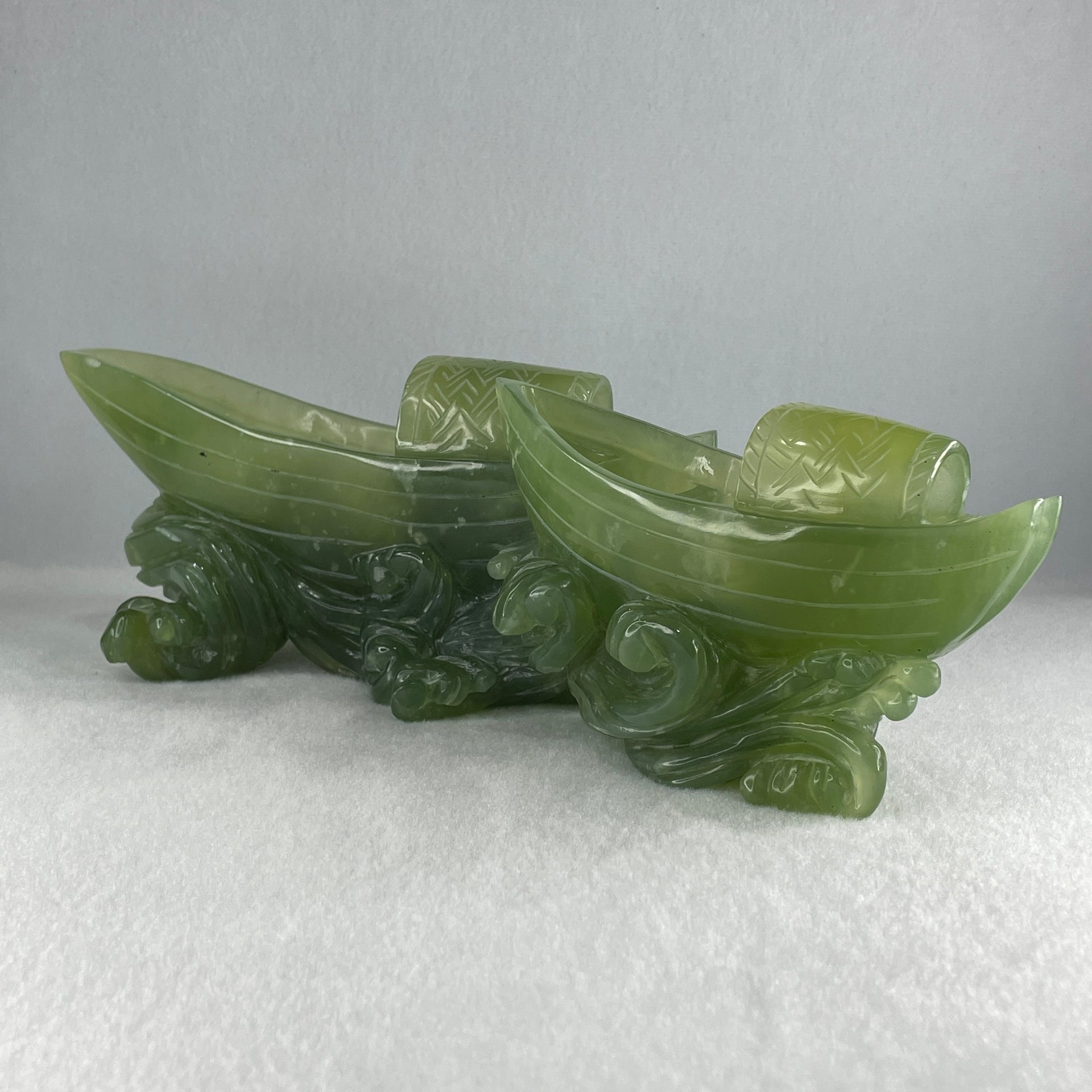 Natural Semi Icy Green Serpentine Double Boats Display 1,692.9g 287.0 by 121.0 by 130.0mm - Huangs Jadeite and Jewelry Pte Ltd