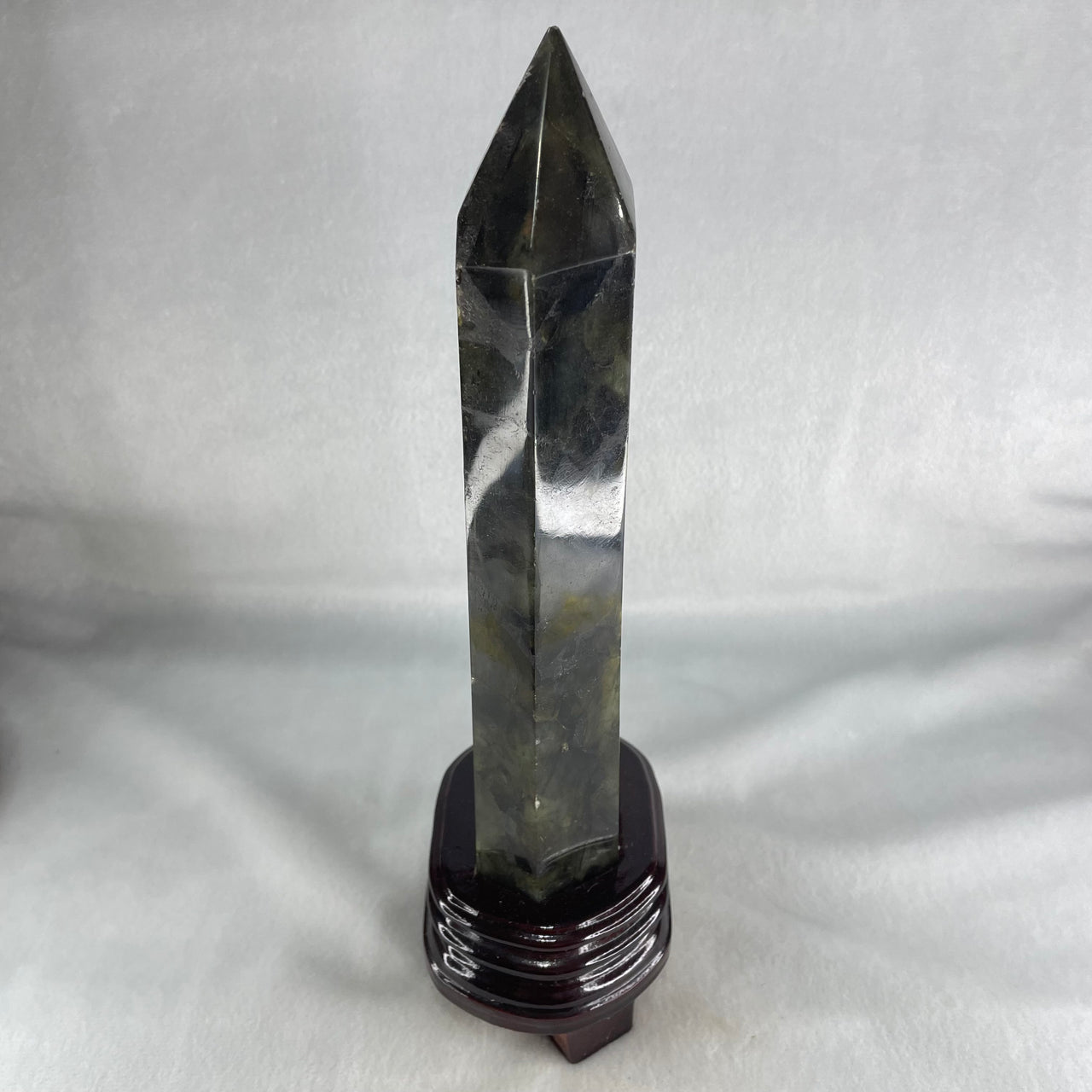 Good Grade Natural Labradorite Tower with Wooden Stand Display 1109.6g 260.5 by 192.7 by 75.2mm - Huangs Jadeite and Jewelry Pte Ltd