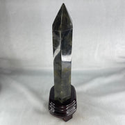Good Grade Natural Labradorite Tower with Wooden Stand Display 1109.6g 260.5 by 192.7 by 75.2mm - Huangs Jadeite and Jewelry Pte Ltd